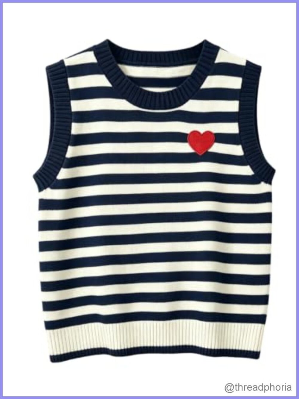 Striped Knit Sweater Vest with Heart Embroidery - Sleeveless Pullover for